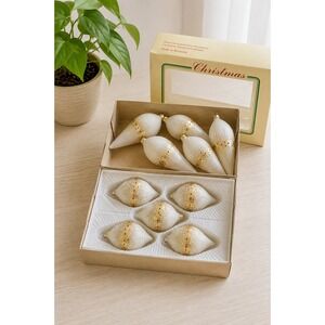 Vintage European Hand Decorated Glass Ornaments White Gold Teardrop Boxed Set 10